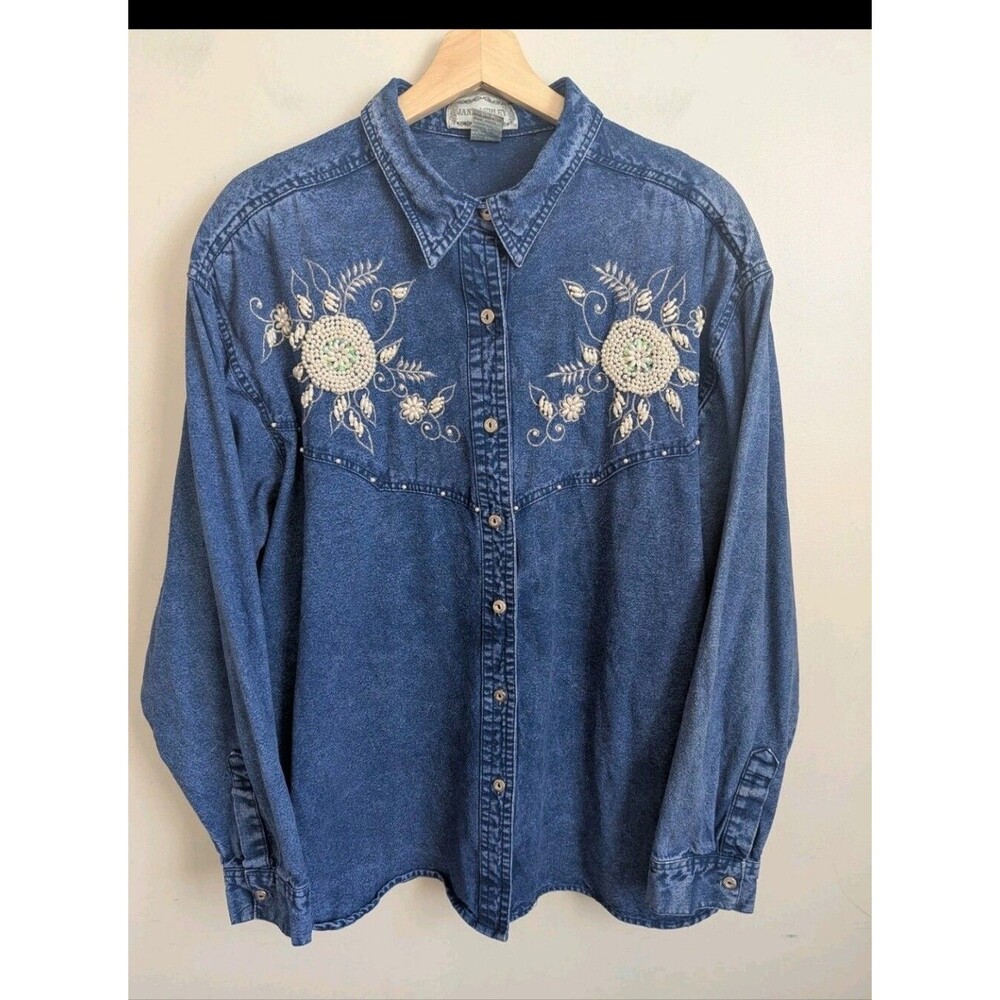 Vintage 80s 2X Stonewashed Denim Western Shirt Pearls Boho Cowgirl Rodeo Cottage